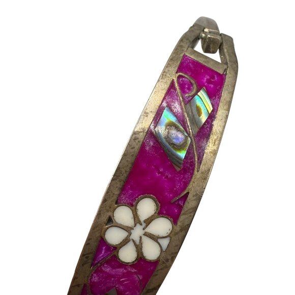 Vintage Taxco Mexico Sterling Silver & Abalone Inlay Bangle Bracelet - Picture 3 of 5